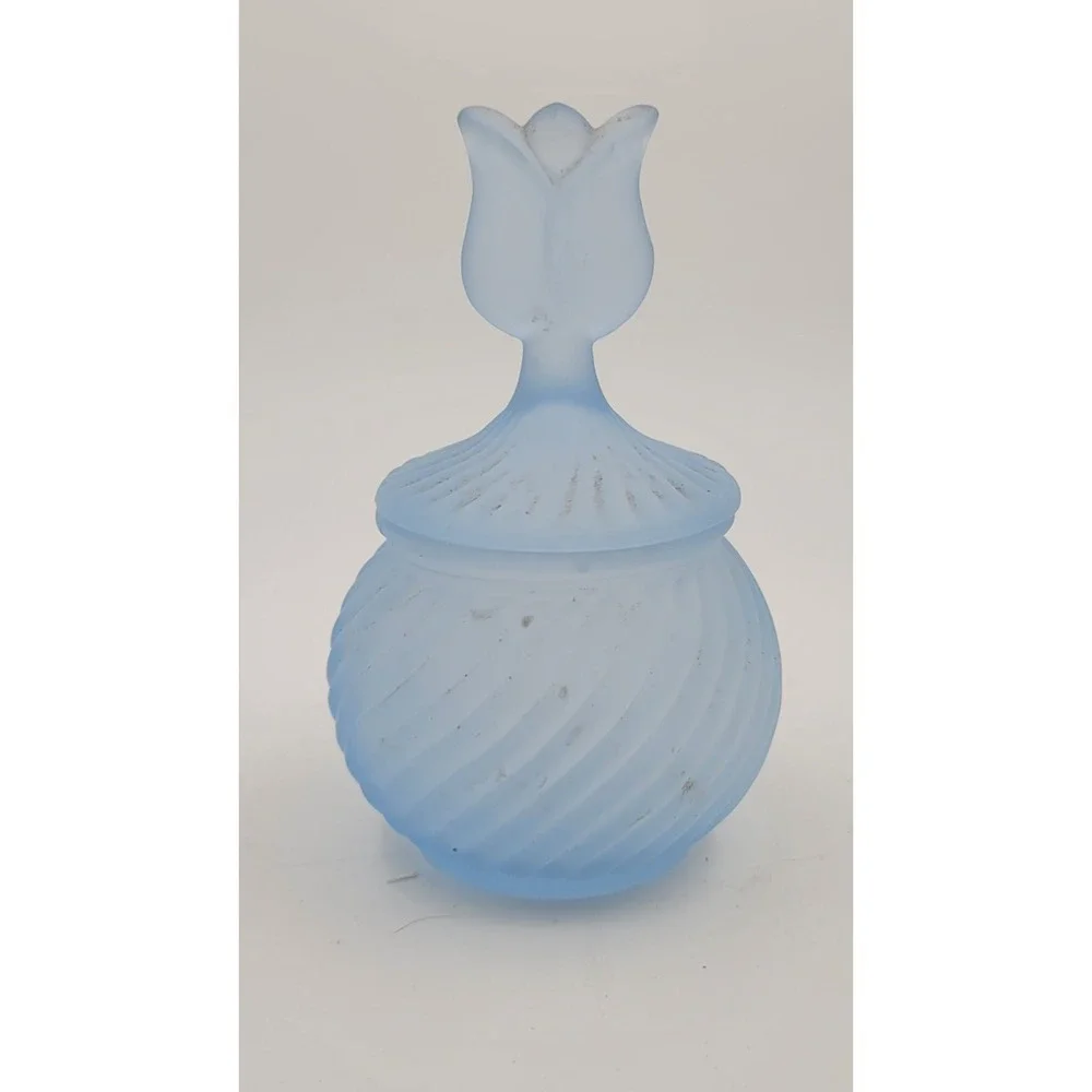 Vintage Blue Party Lite Frosted Glass Trinket Box, Vanity Container w/ Tulip Lid